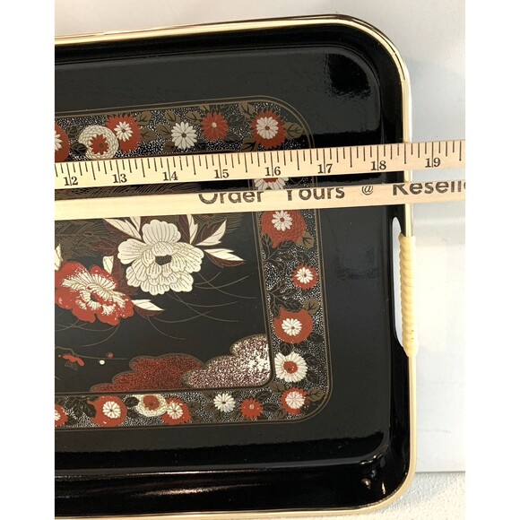 Vintage Japanese Peacock Lacquerware Tray Black & Gold Floral Large 19” x 11” - Picture 7 of 8